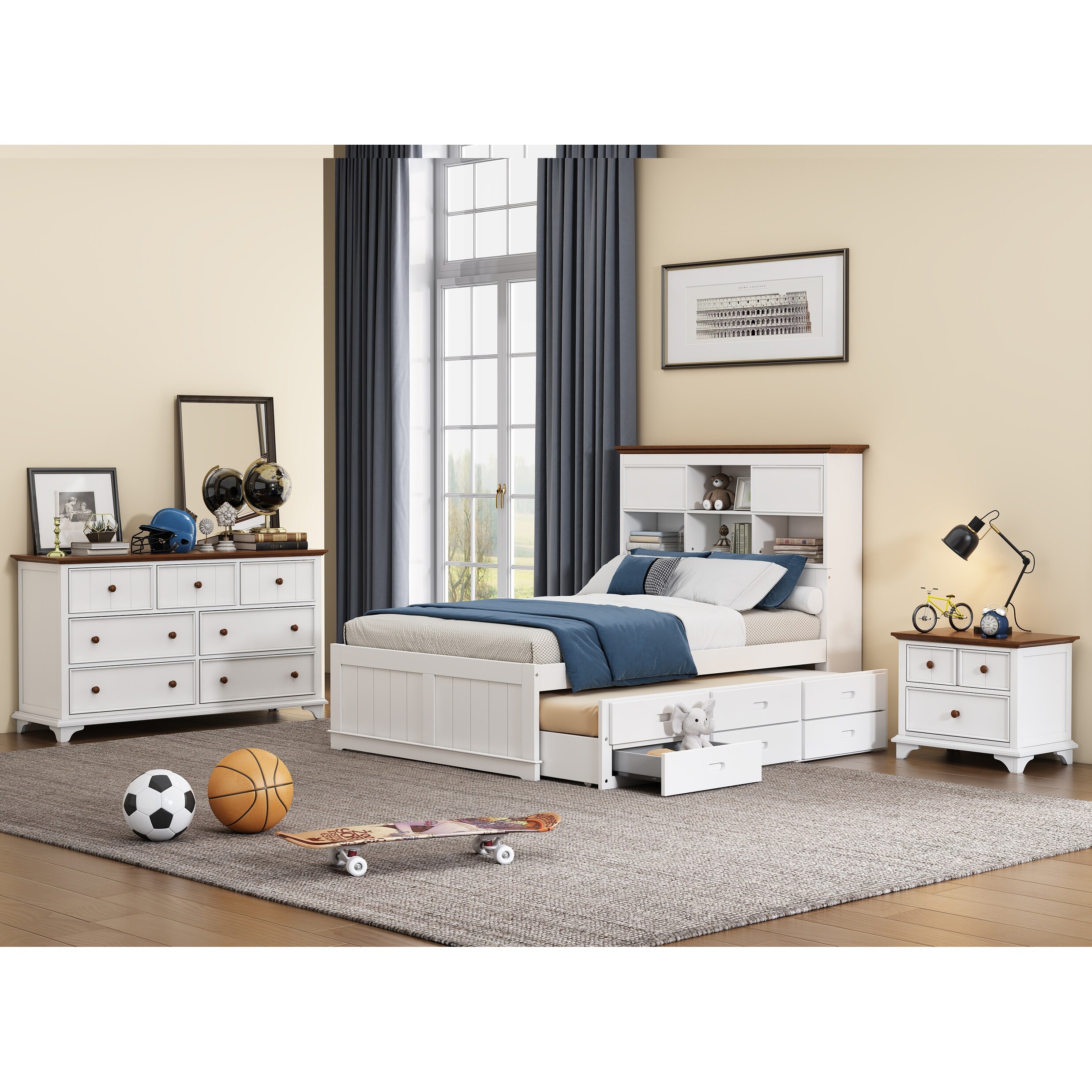 【新品未使用】ドローアライン My bed side set ホワイト 白 3-Pieces Wooden Captain Bedroom Set, Full Platform Bed with